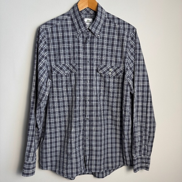 Lacoste Men's Plaid Long Sleeve Button Up Casual Cotton Shirt Gray EU42 (Large) - Picture 1 of 15